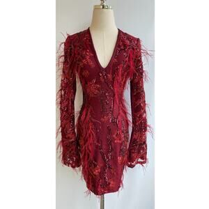 Dach Boutique Merlot Red Sequin Feather Dress sz S
